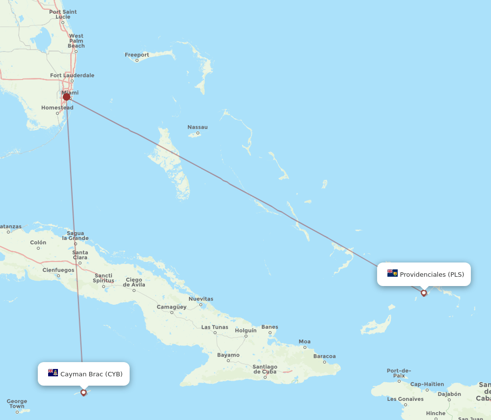 Cayman Brac Island - Providenciales route map and flight paths