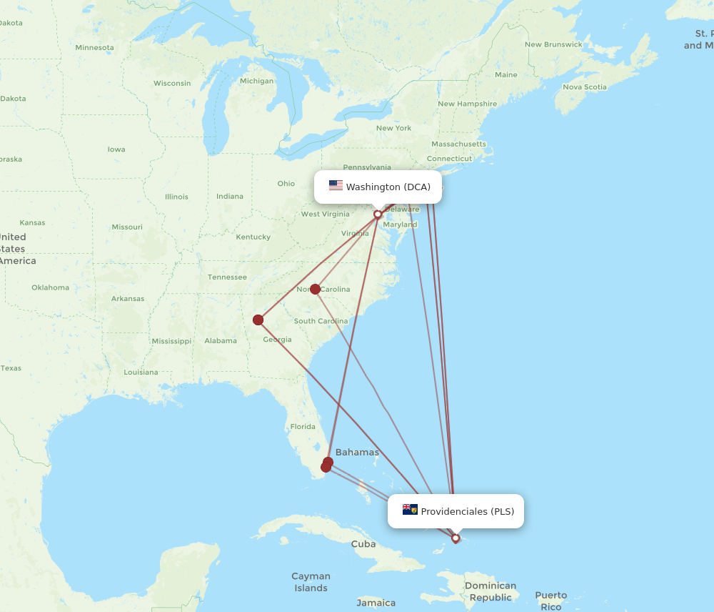 PLS to DCA flights and routes map