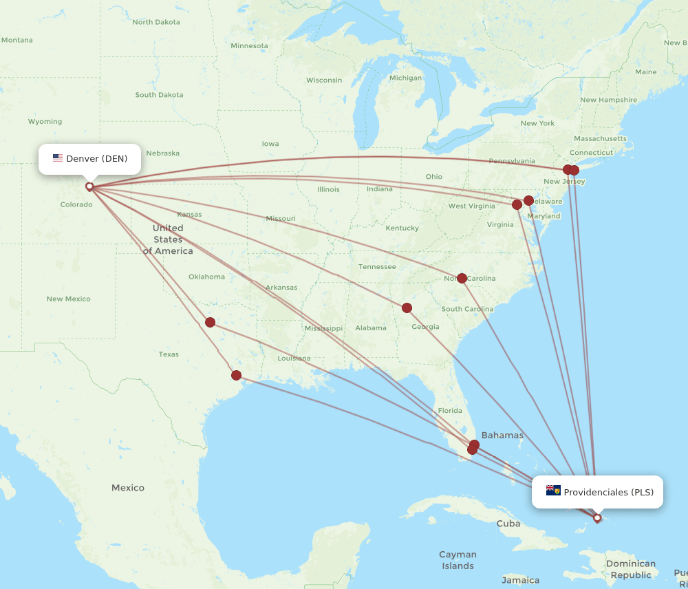 PLS to DEN flights and routes map