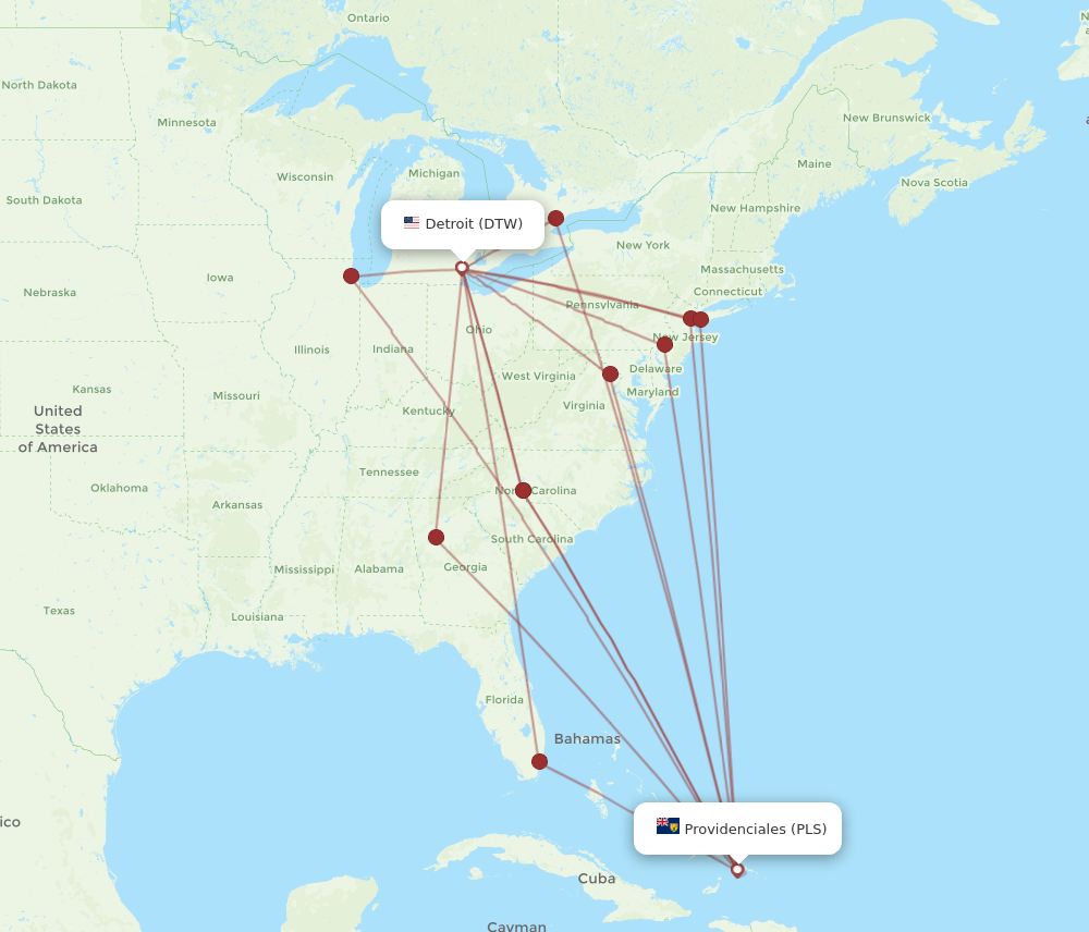 PLS-DTW flight routes