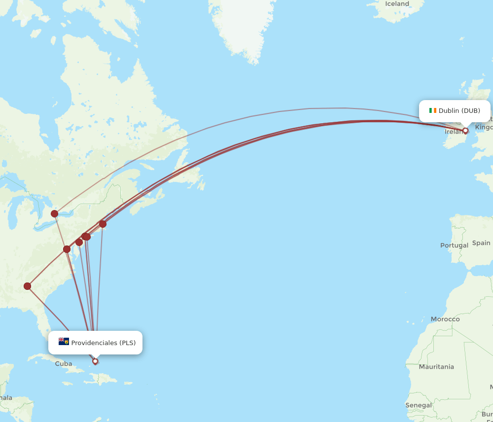 Dublin - Providenciales route map and flight paths