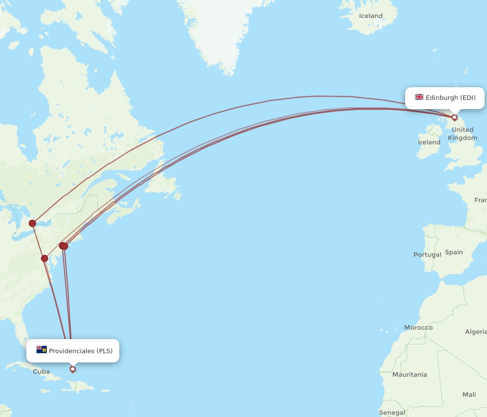 Edinburgh - Providenciales route map and flight paths