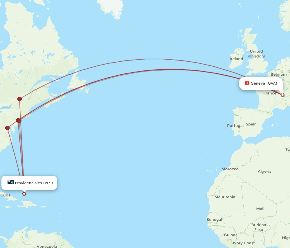 Geneva - Providenciales route map and flight paths