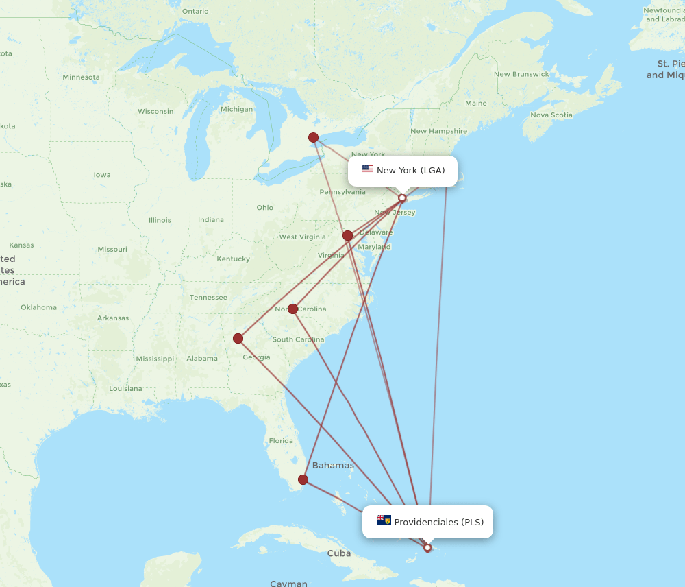 PLS to LGA flights and routes map