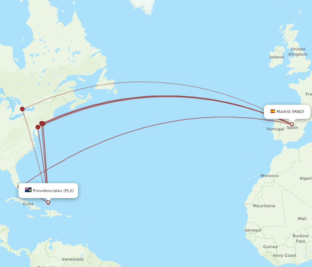 Madrid - Providenciales route map and flight paths