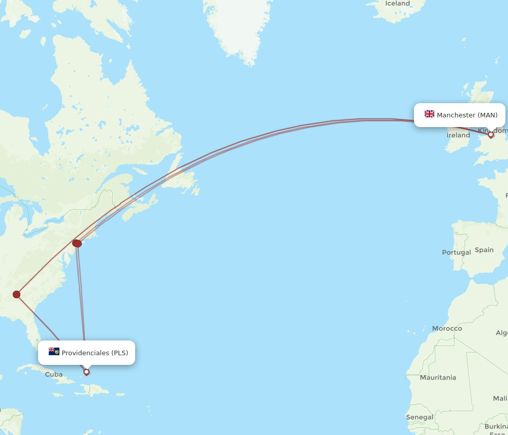 Manchester - Providenciales route map and flight paths