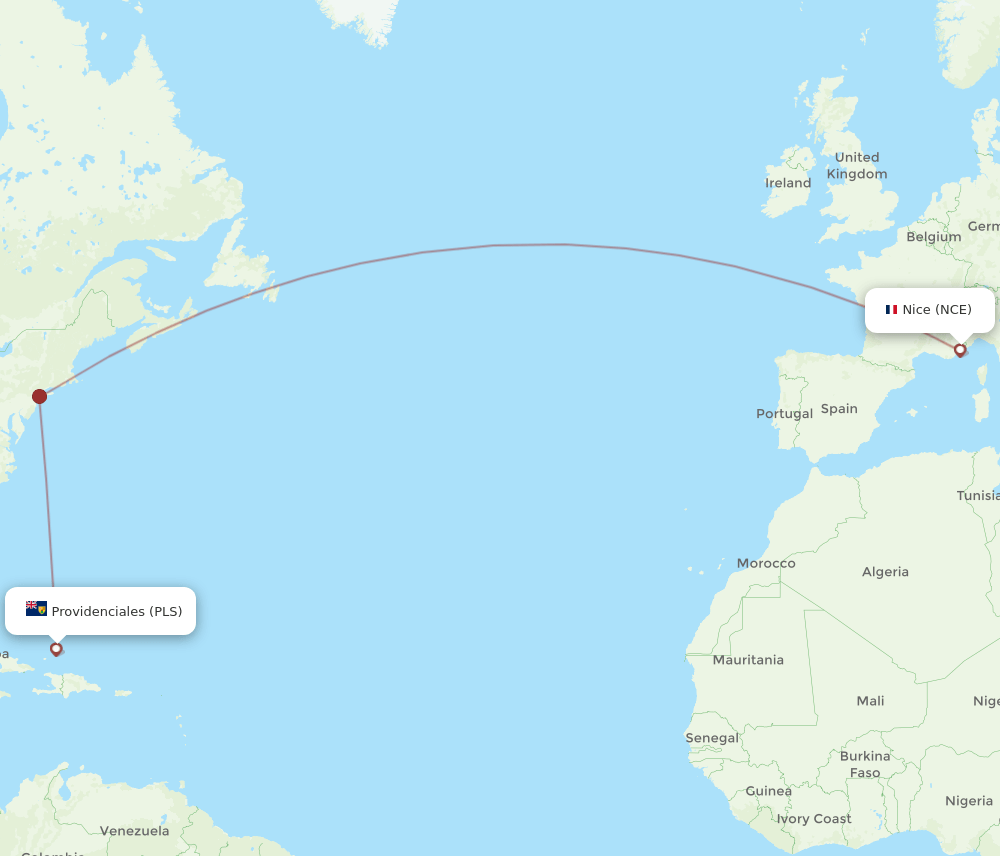 Nice - Providenciales route map and flight paths