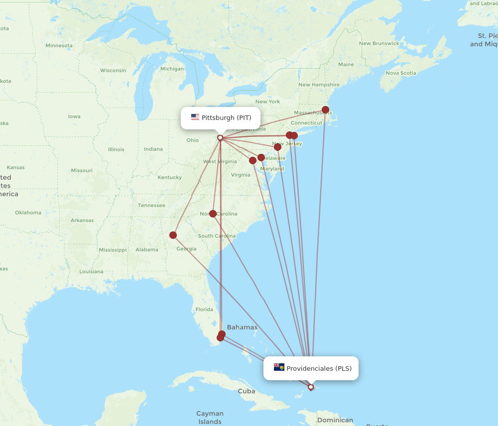 PLS to PIT flights and routes map