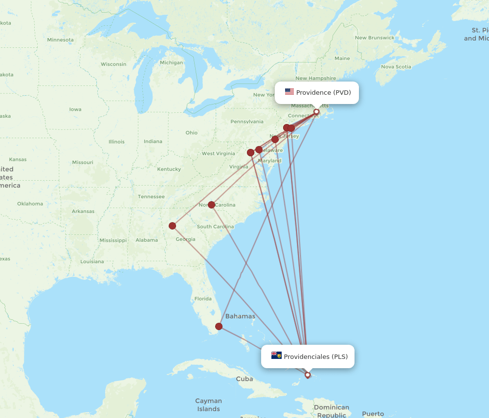 PLS to PVD flights and routes map