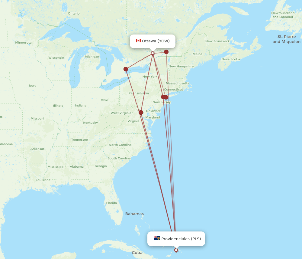 PLS to YOW flights and routes map