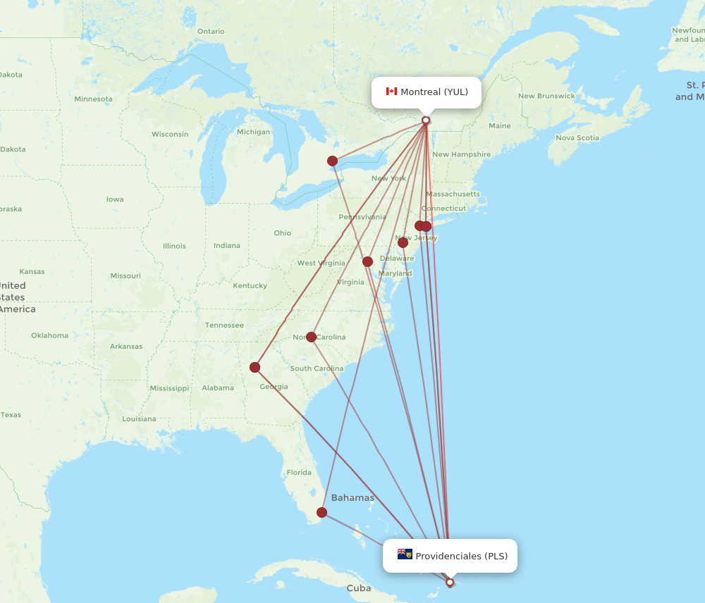 PLS-YUL flight routes