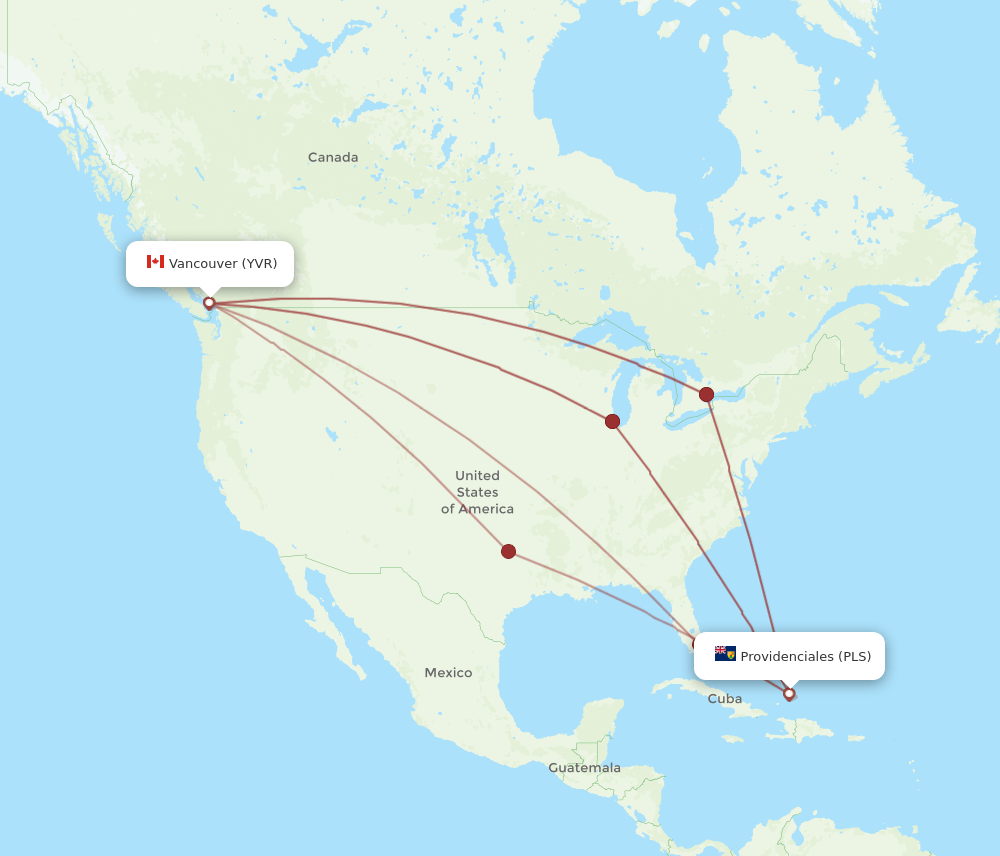 PLS to YVR flights and routes map
