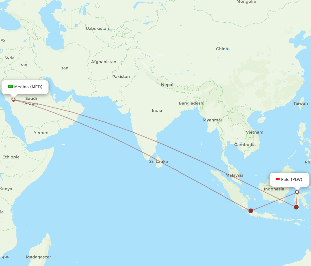 Madinah - Palu route map and flight paths