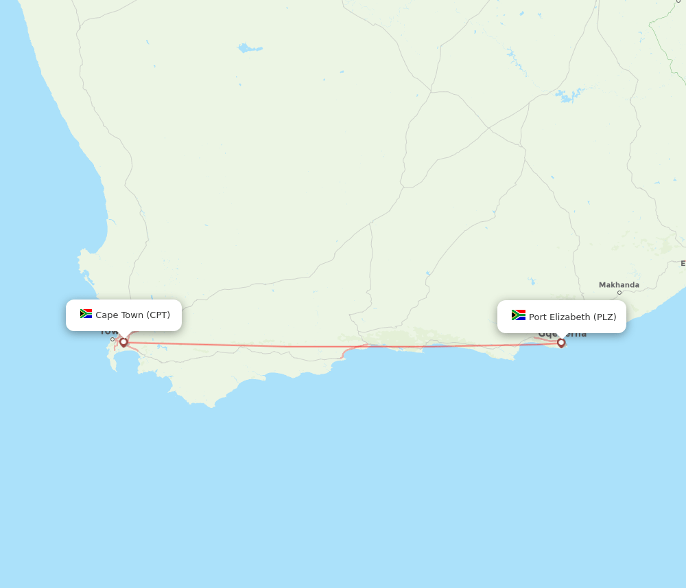 Port Elizabeth - Cape Town route map and flight paths