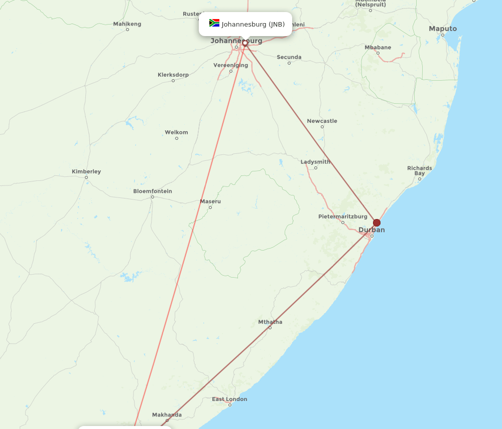 PLZ to JNB flights and routes map