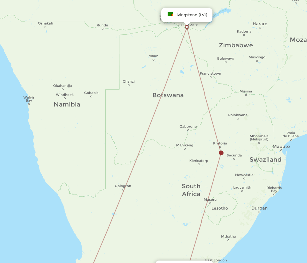PLZ to LVI flights and routes map