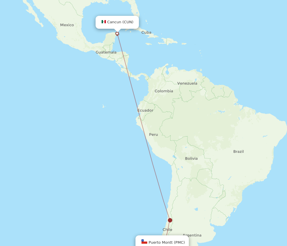 Puerto Montt - Cancun route map and flight paths