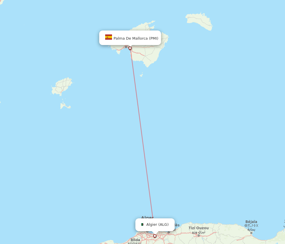 Palma de Mallorca - Algiers route map and flight paths