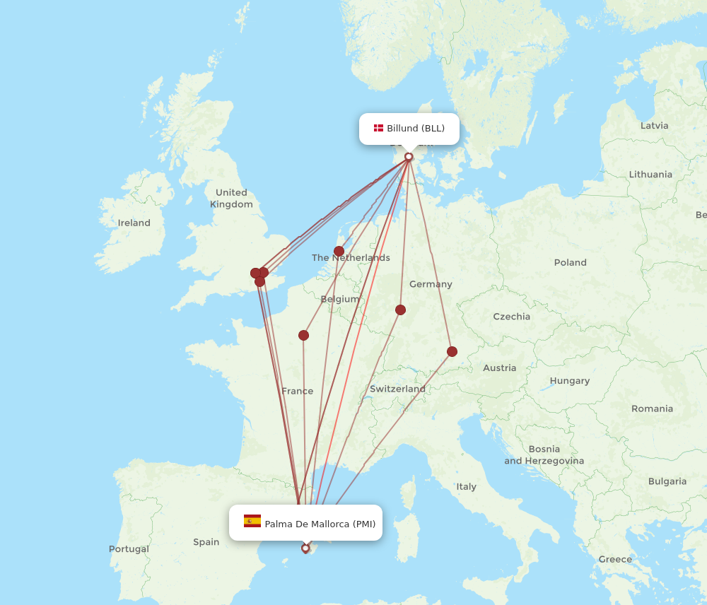 PMI to BLL flights and routes map
