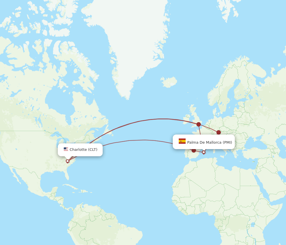 PMI to CLT flights and routes map