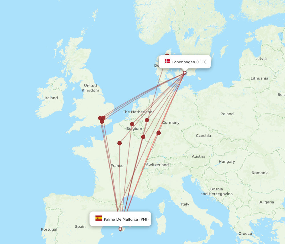 PMI to CPH flights and routes map