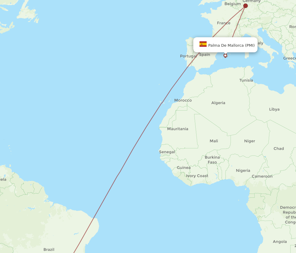 Palma de Mallorca - Curitiba route map and flight paths