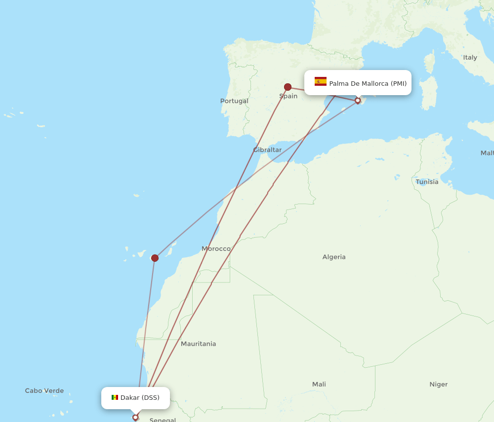 PMI to DSS flights and routes map