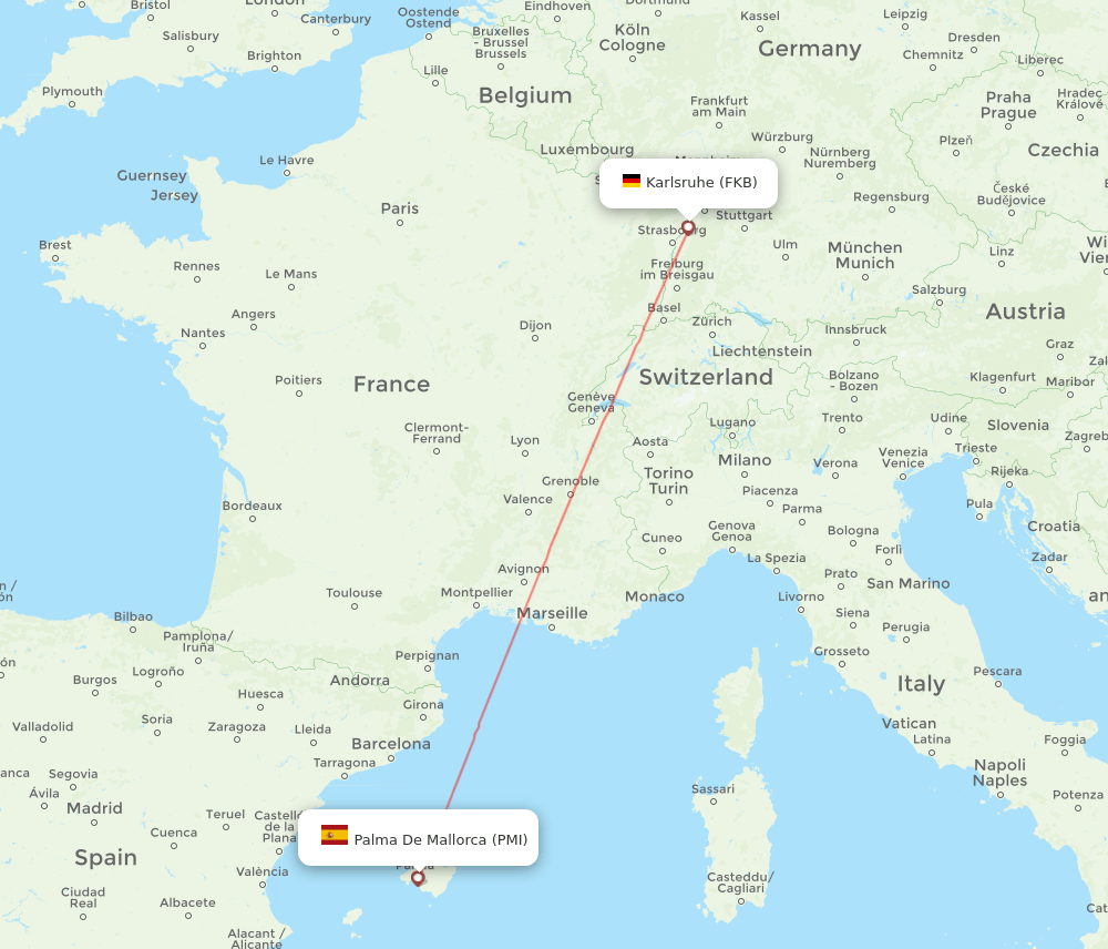 Palma de Mallorca - Karlsruhe/Baden-Baden route map and flight paths