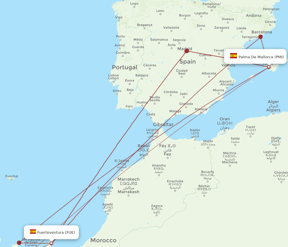 PMI to FUE flights and routes map