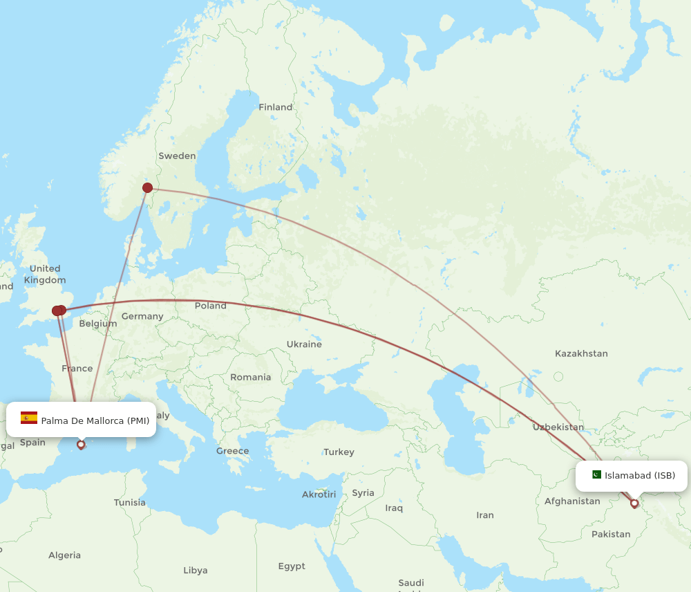 Palma de Mallorca - Islamabad route map and flight paths