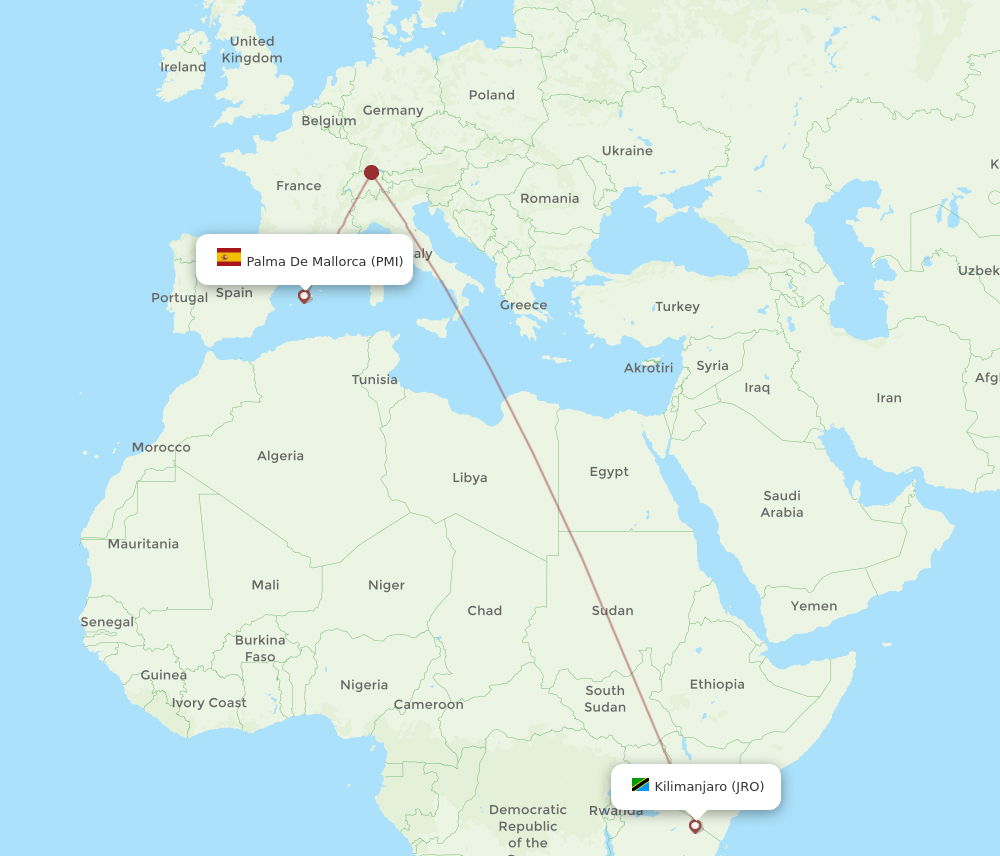 Kilimanjaro - Palma de Mallorca route map and flight paths