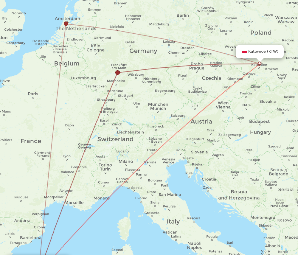 PMI to KTW flights and routes map