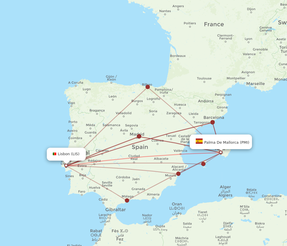 PMI to LIS flights and routes map