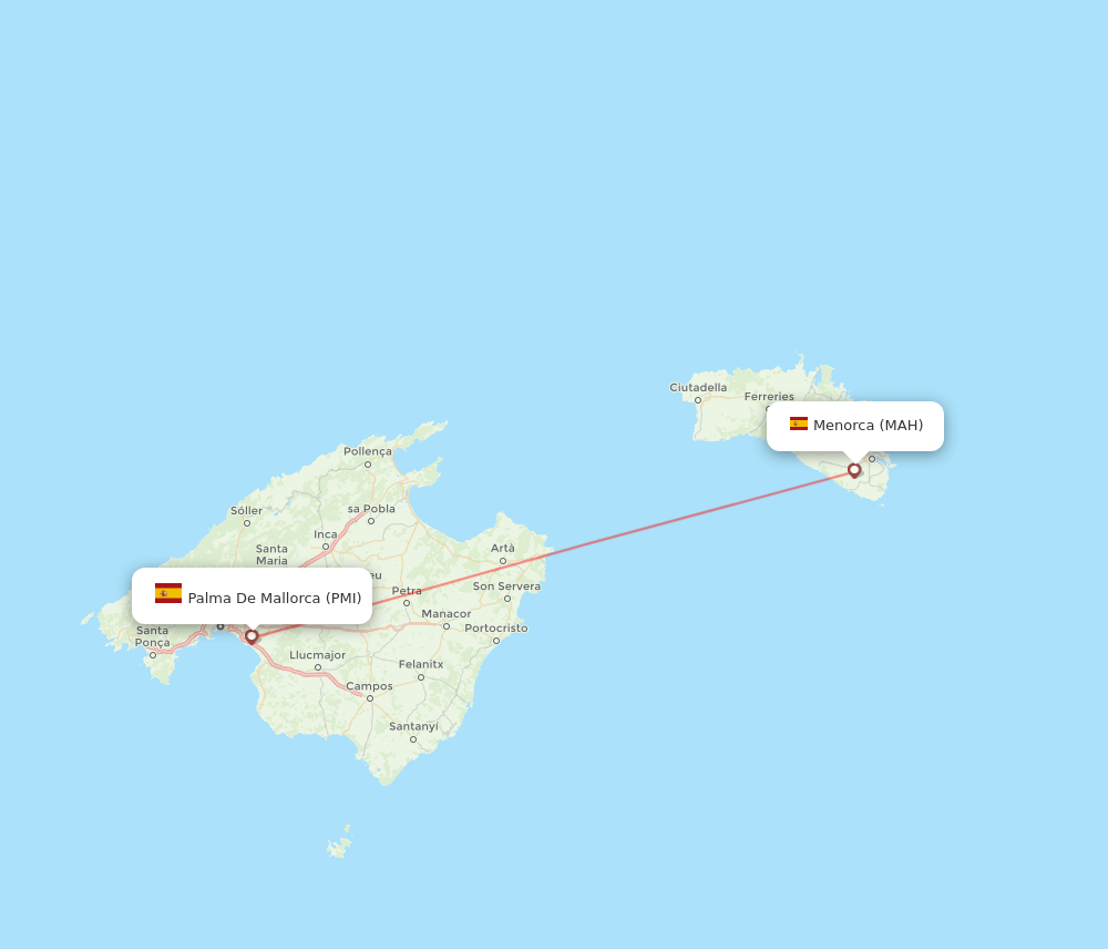 Palma de Mallorca - Menorca route map and flight paths