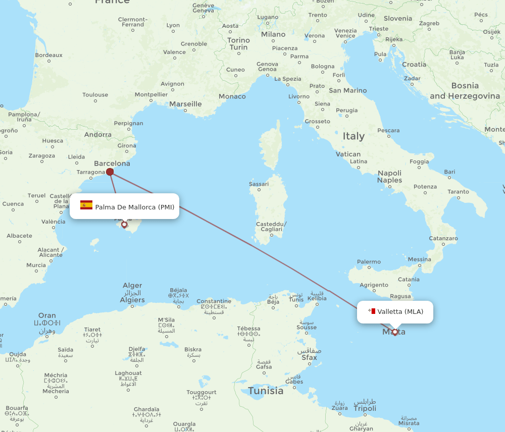 PMI to MLA flights and routes map