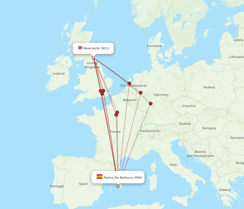 PMI to NCL flights and routes map