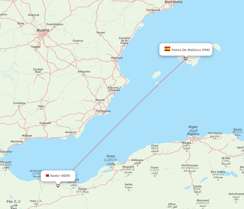 Palma de Mallorca - Nador route map and flight paths