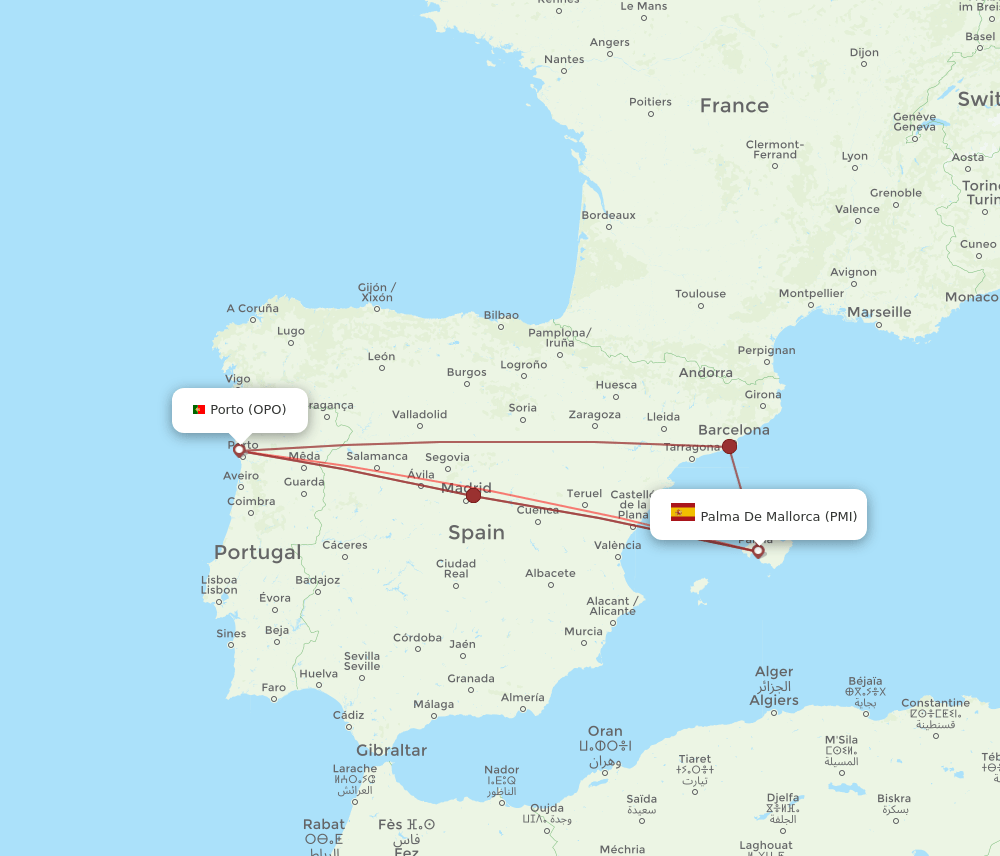 PMI to OPO flights and routes map