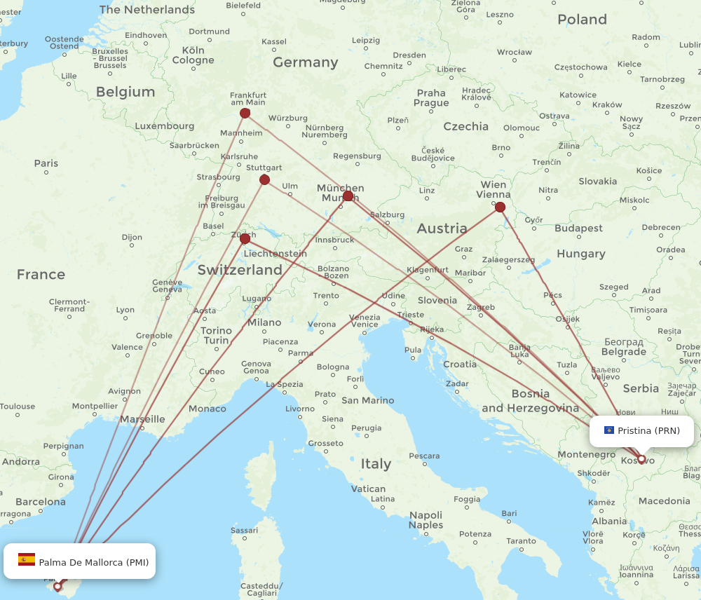 PMI to PRN flights and routes map