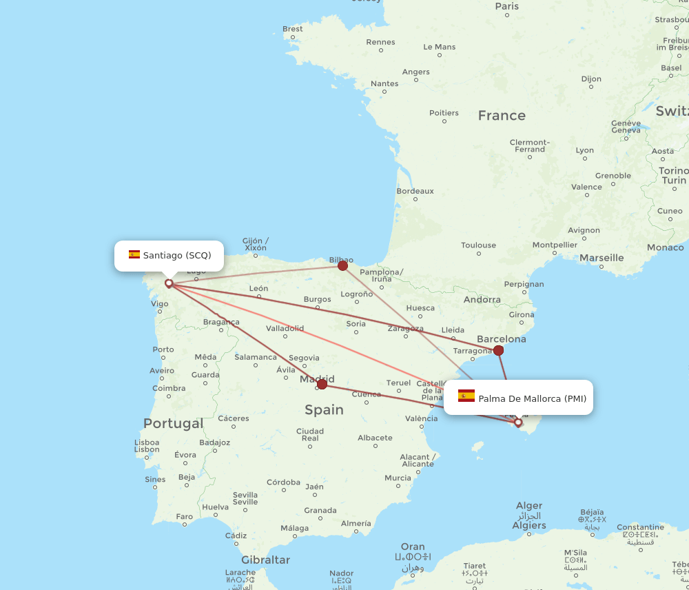 PMI to SCQ flights and routes map