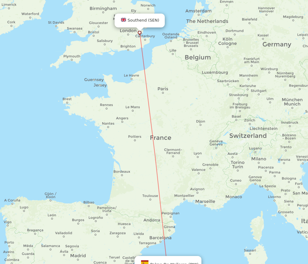 Palma de Mallorca - Southend route map and flight paths