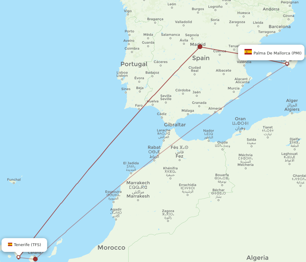 PMI to TFS flights and routes map