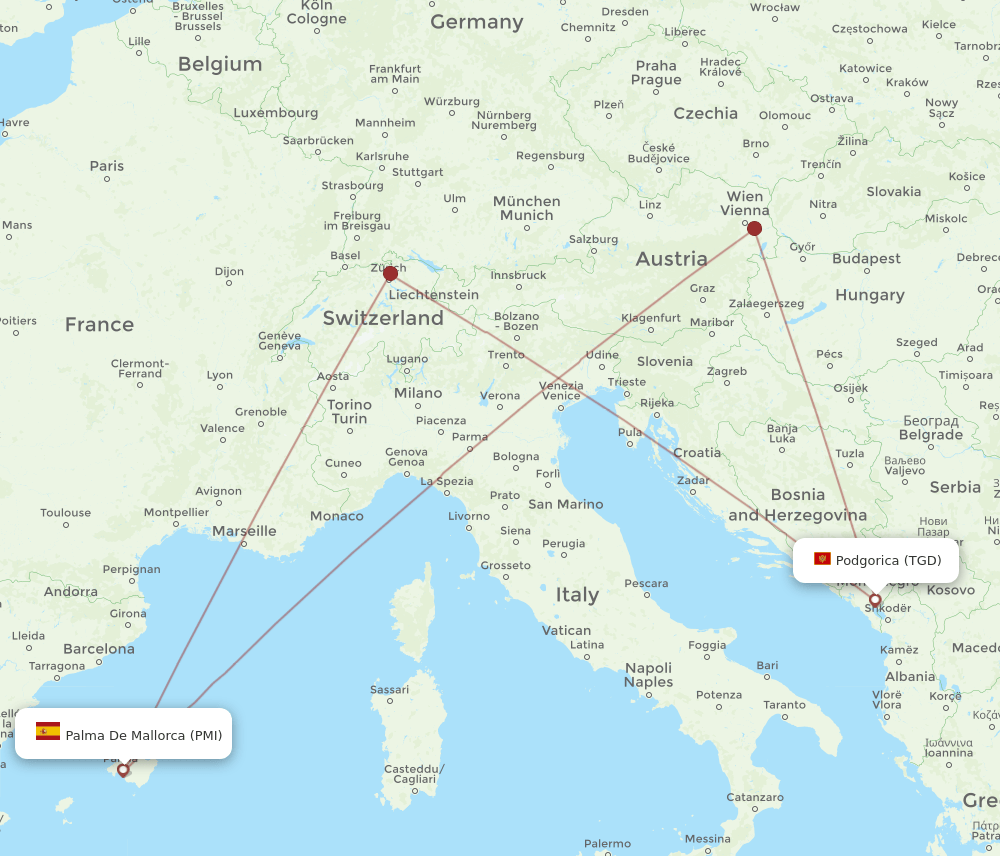 PMI-TGD flight routes