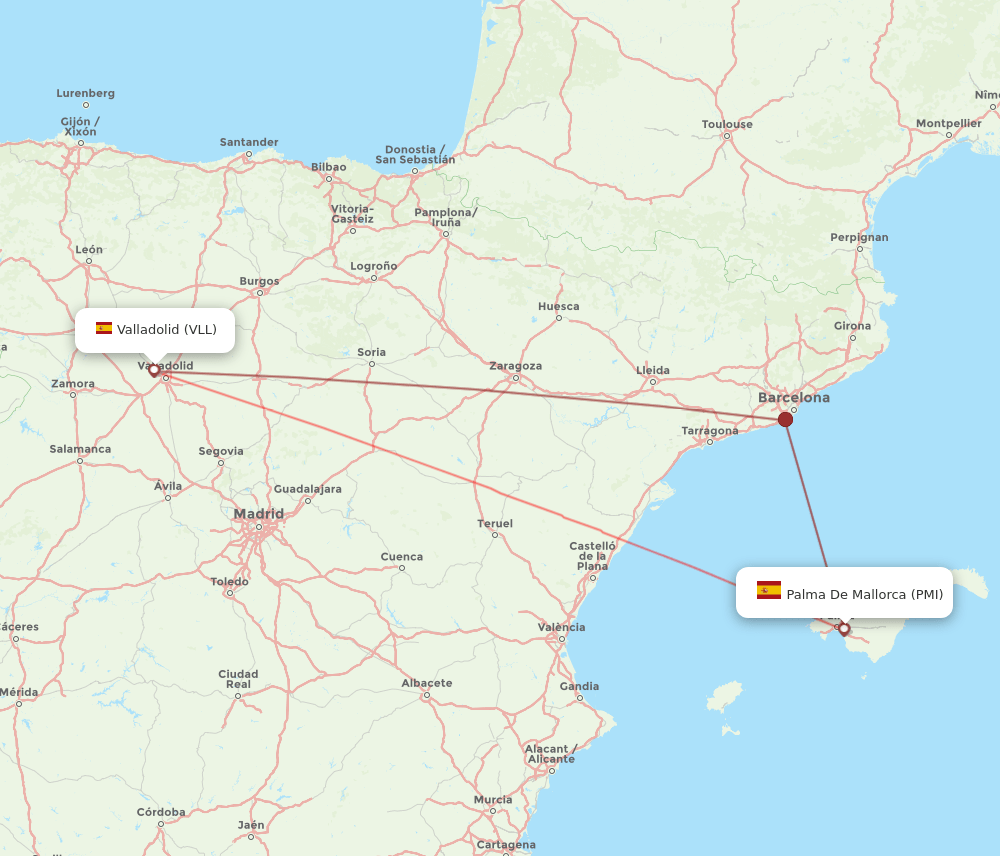 Palma de Mallorca - Valladolid route map and flight paths