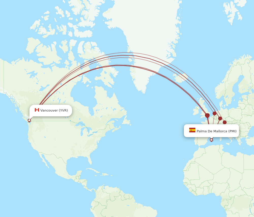 Vancouver - Palma de Mallorca route map and flight paths