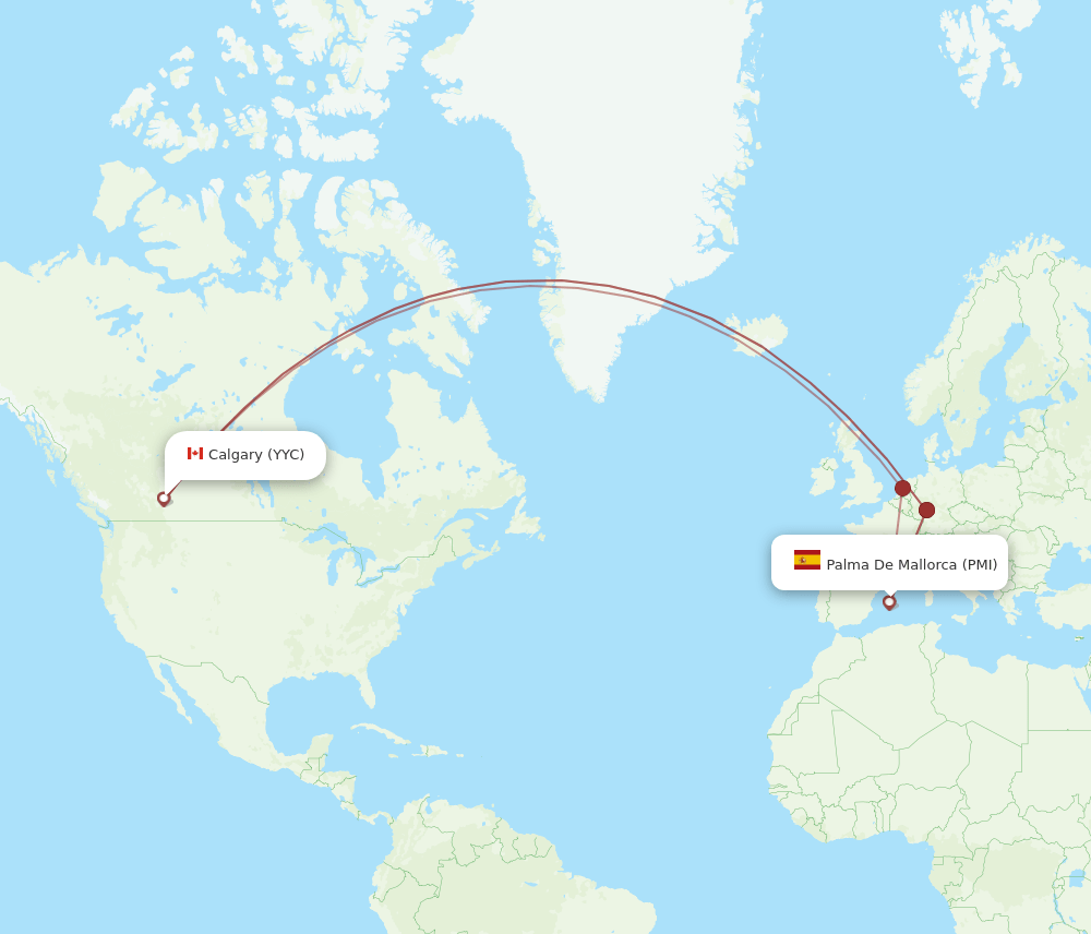 Calgary - Palma de Mallorca route map and flight paths