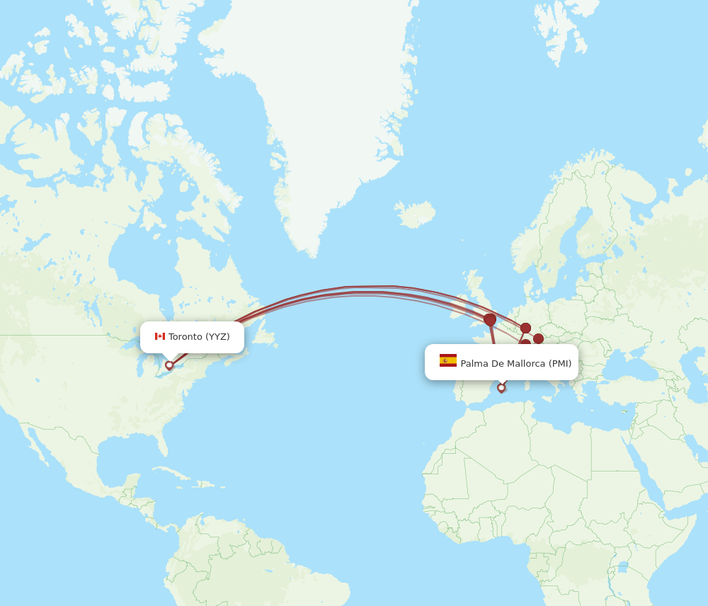 Toronto - Palma de Mallorca route map and flight paths