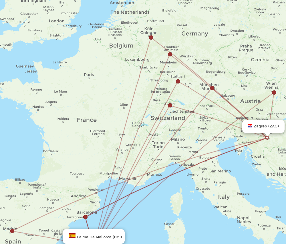 Flights from Palma de Mallorca to PMI to ZAG Routes