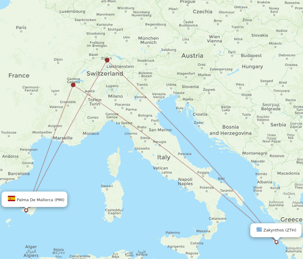 PMI to ZTH flights and routes map