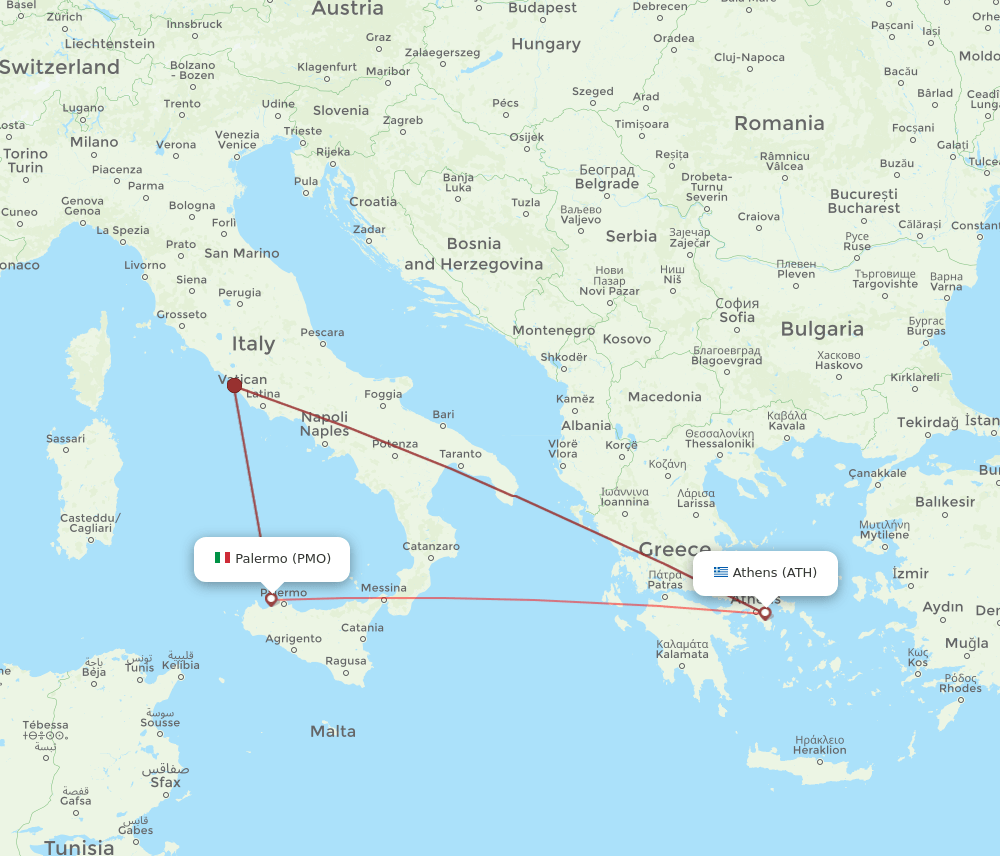 PMO to ATH flights and routes map